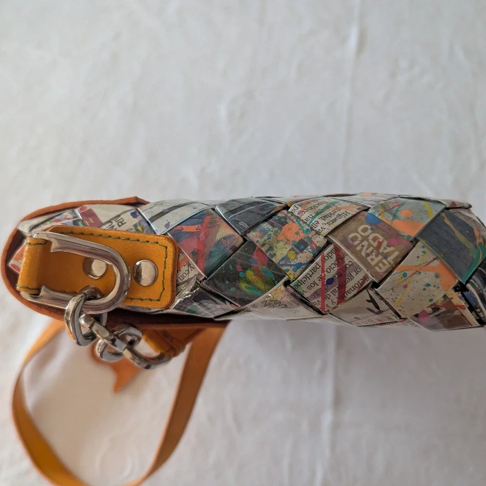 Nohra Ollie Woven Newspaper Print Leather Trim‎ Shoulder Bag Orange